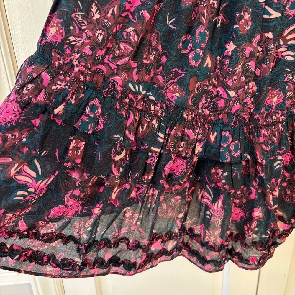 ULLA JOHNSON Amalia Midnight Floral Midi Skirt Tiered Ruffle Pink Navy Size‎ 2